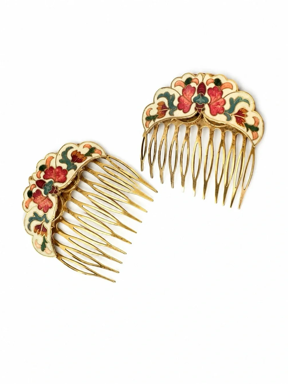 Vintage 1970s Cloisonné Floral Hair Combs Pair Gold Tone Enamel